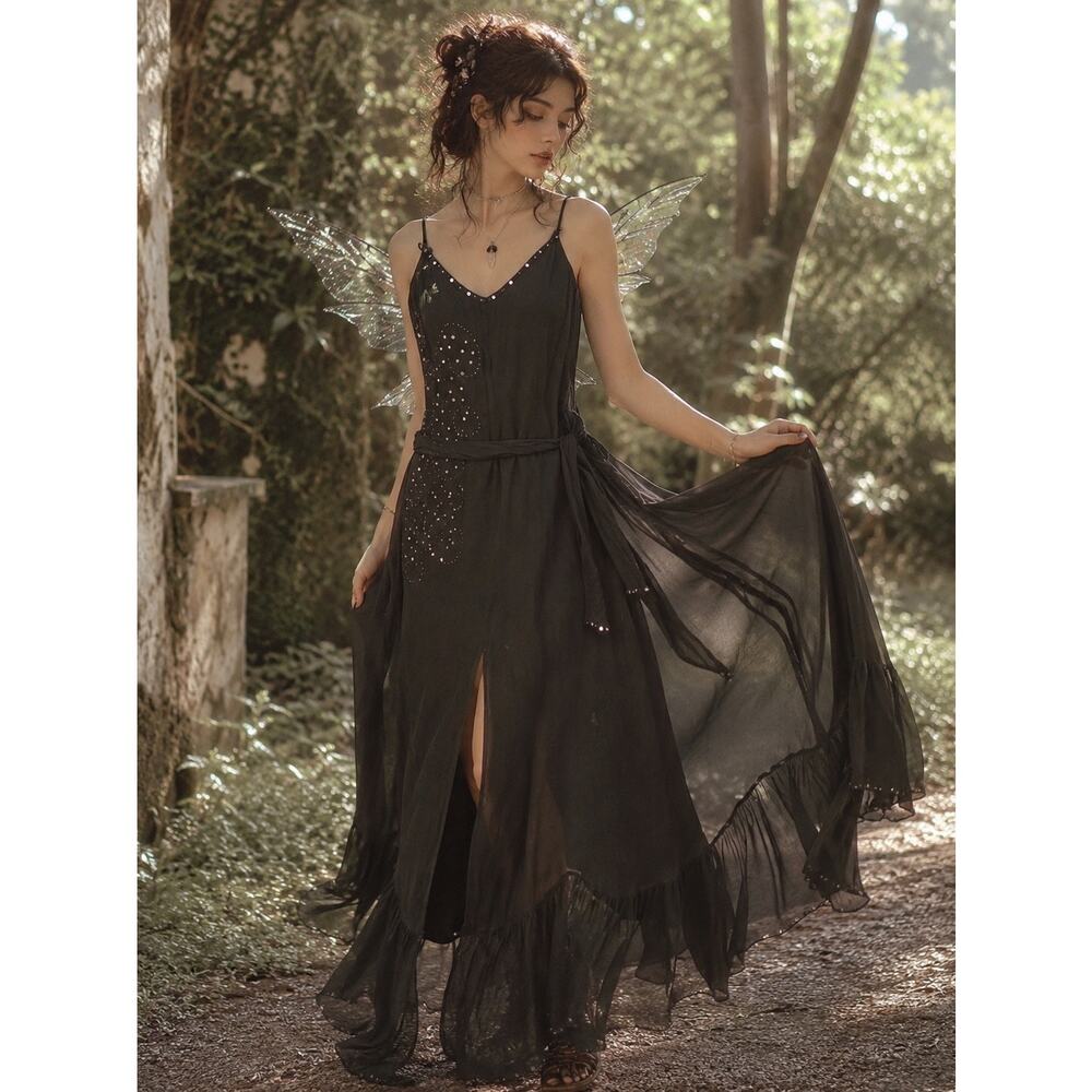Kamoli Black Embellished Boho Maxi Dress Sheer Overlay Fairycore Medium